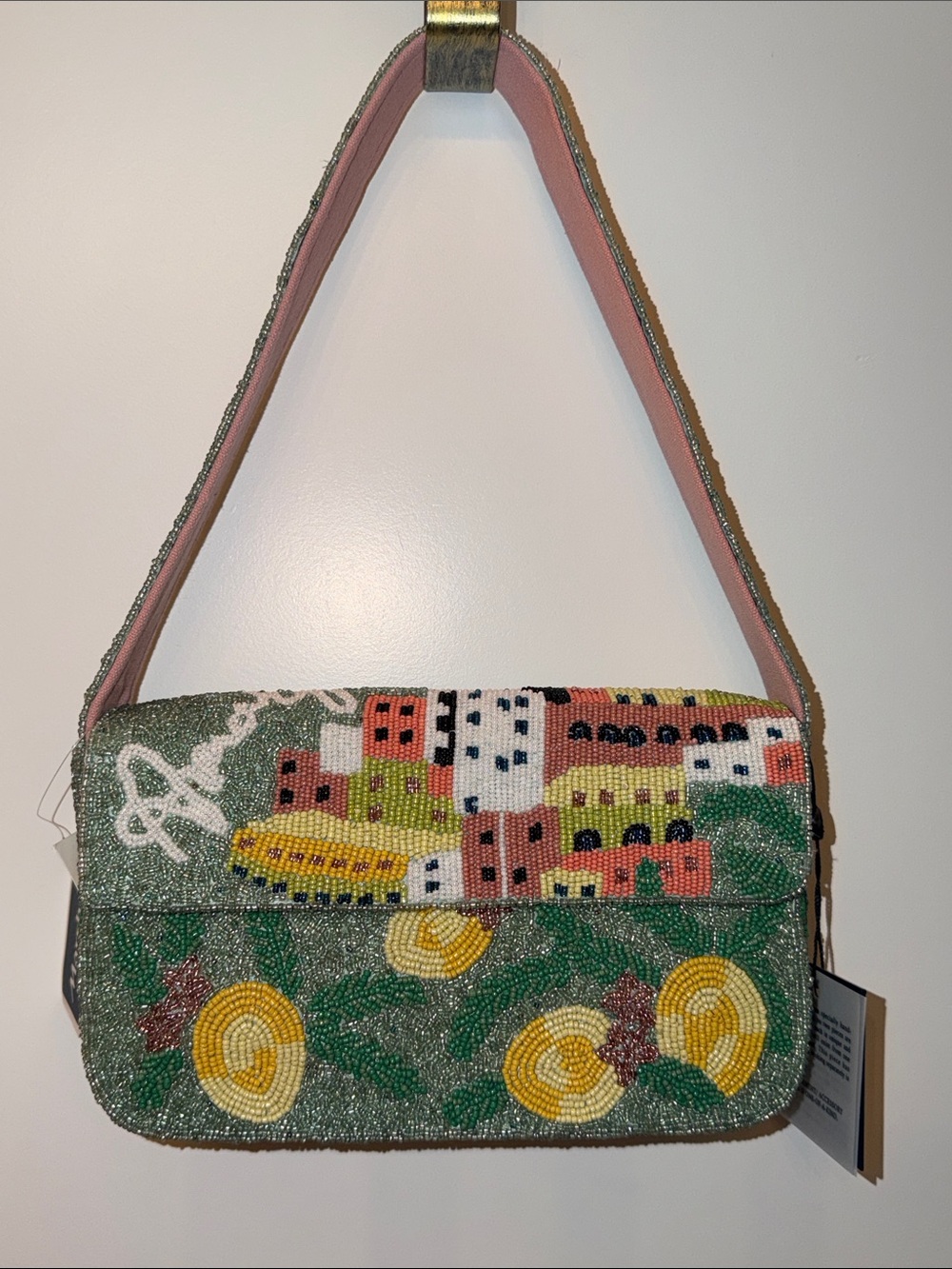 NTW-NEW VIRAL Beaded Amalfie Cityscape Shoulder Bag in Green, Yellow & Pink
